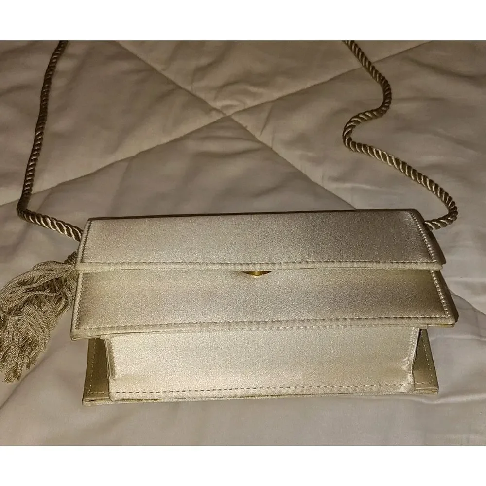 NWOT 100% Pure Silk Champagne Gold Flap Evening Clutch Crossbody Bag Tassel